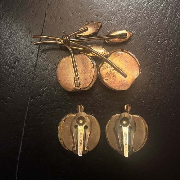 Vintage Austria Fruit Brooch and Earring Set Yellow Apple